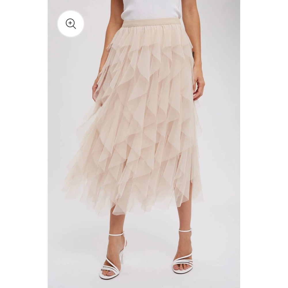 Bluivy Spiral Ruffled Tulle Midi Skirt Cream Ivory B01578 Womens Small